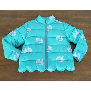 JACADI PARIS girls long sleeve puffer jacket with hood scalloped bottom size4